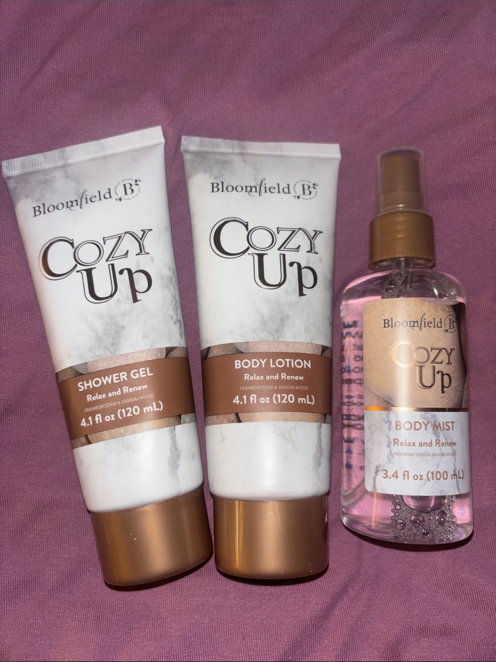 Bloomfield Cozy Up Relax & Renew Body Lotion, Shower Gel & Mist - BRAND NEW